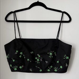 Ganni Black Crop Top with Green Embroidery